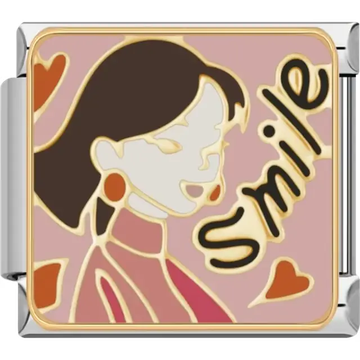Stylized woman with the word "Smile" and heart accents on a pink background Italian charm bracelet link