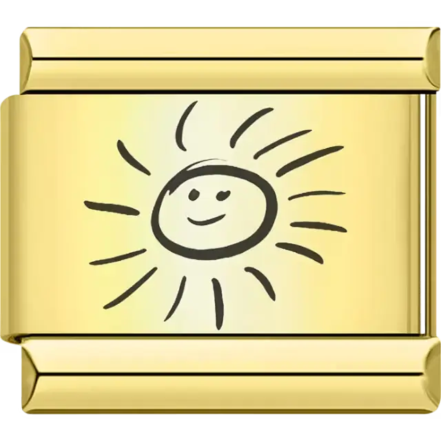 Black sun with a smiley face design and radiating rays Italian charm bracelet link