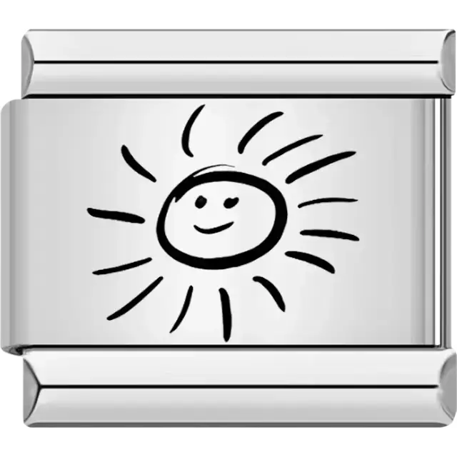 Black sun with a smiley face design and radiating rays Italian charm bracelet link