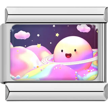 Smiling pastel planet with ring surrounded by clouds and stars on navy background Italian charm bracelet link