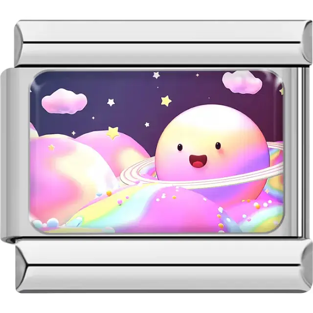 Smiling pastel planet with ring surrounded by clouds and stars on navy background Italian charm bracelet link
