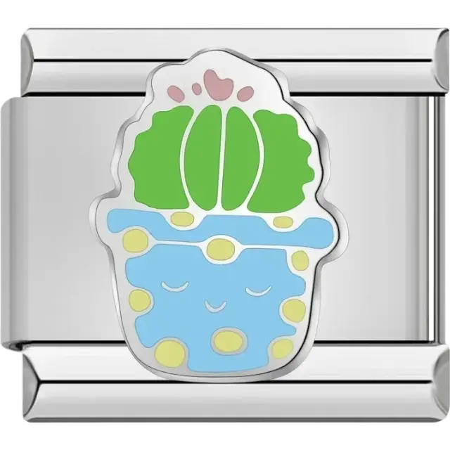 Smiling cactus with blue pot Italian charm bracelet link
