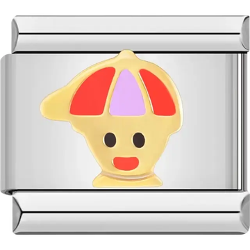 Gold clown face with red, pink, and purple hat details and a cheerful smile Italian charm bracelet link