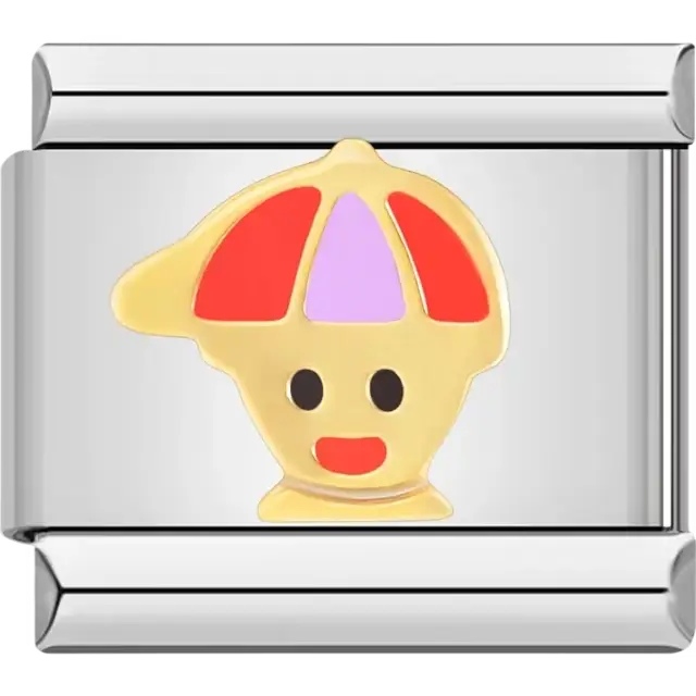 Gold clown face with red, pink, and purple hat details and a cheerful smile Italian charm bracelet link