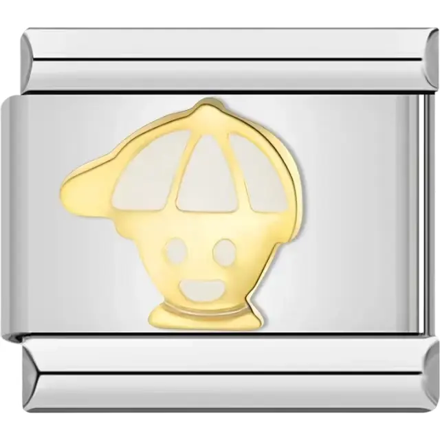 Smiling face design with a curved hat outline in gold-tone accents Italian charm bracelet link