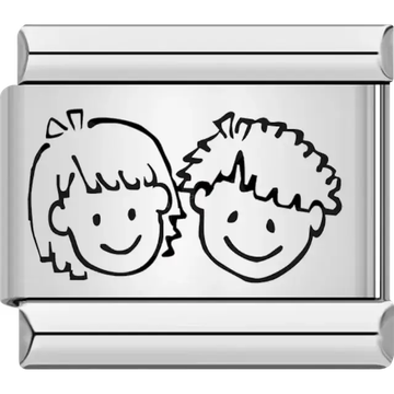 Black outline of a smiling girl with a bow and a boy with messy hair Italian charm bracelet link