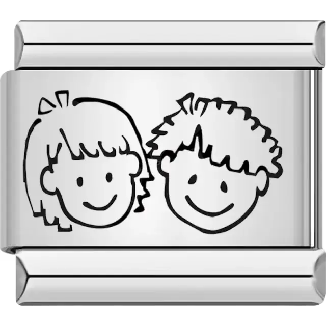 Black outline of a smiling girl with a bow and a boy with messy hair Italian charm bracelet link