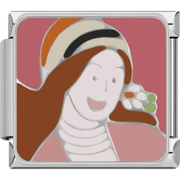 Stylized woman with brown hair striped hat and pink background design Italian charm bracelet link