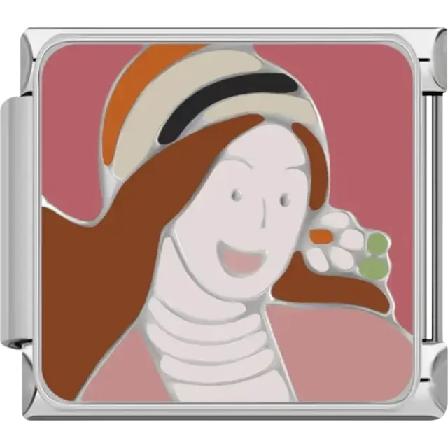 Stylized woman with brown hair striped hat and pink background design Italian charm bracelet link