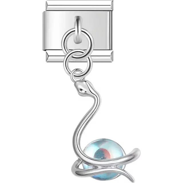Silver snake with blue pearl dangle Italian charm bracelet link
