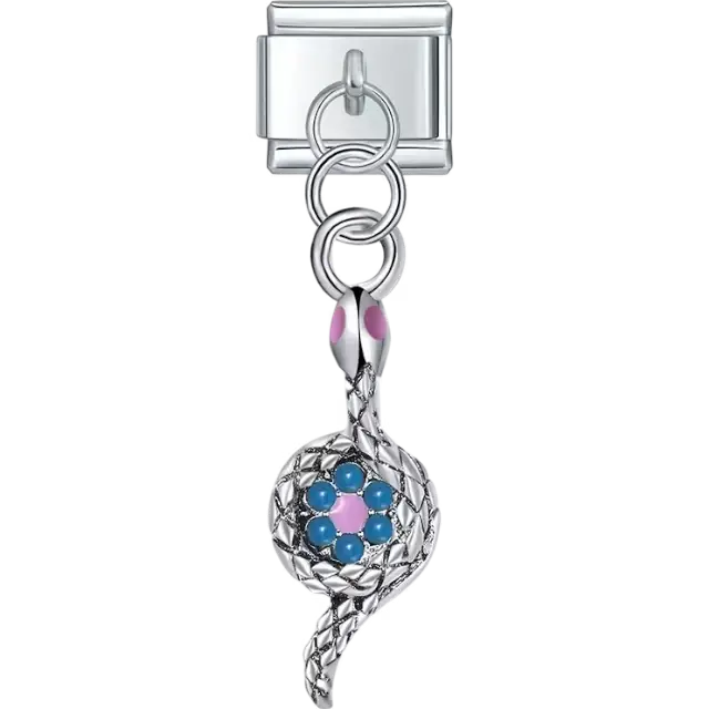 Snake pendant with pink and blue floral accents Italian charm bracelet link