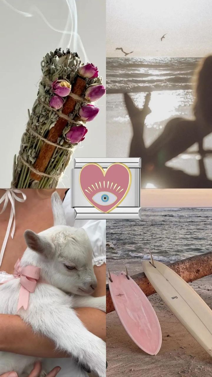 Pink evil eye heart silver charm aesthetic collage