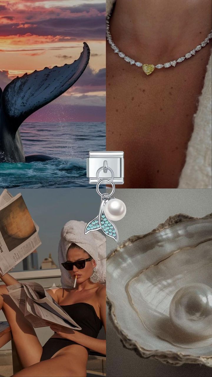 Dangle whale tail silver charm aesthetic collage