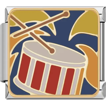 Snare drum design with red and white detailing, crossed drumsticks, and gold accents Italian charm bracelet link