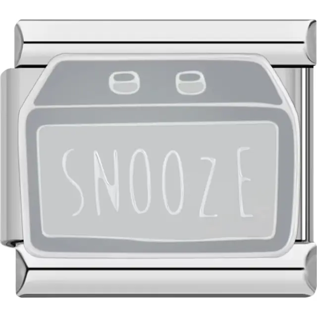 Silver alarm clock design with "SNOOZE" text in white Italian charm bracelet link