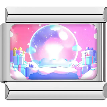 Snow globe surrounded by pastel gifts and clouds on pink and blue background Italian charm bracelet link
