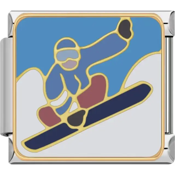 Blue and yellow snowboarder in mid-jump with white snow and blue sky background Italian charm bracelet link