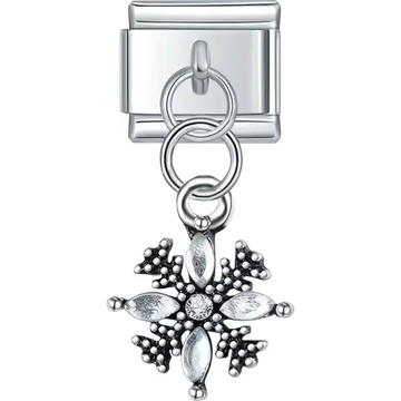 Snowflake design with textured details in dangle style Italian charm bracelet link
