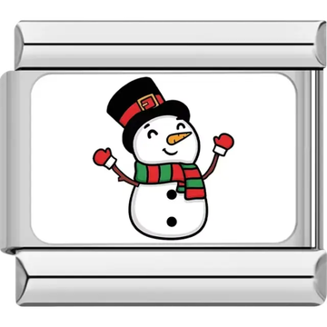 Snowman wearing a black hat with a red band, red mittens, and a green and red scarf Italian charm bracelet link