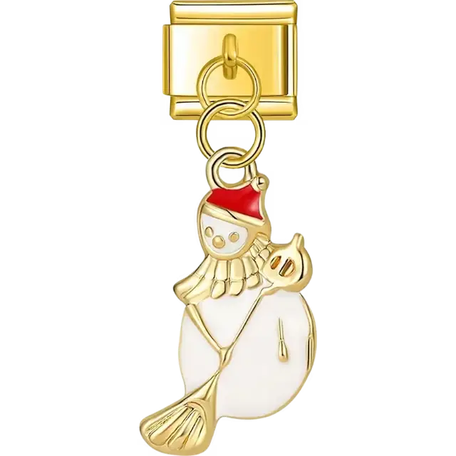 White snowman with red hat gold scarf and broom dangle design Italian charm bracelet link