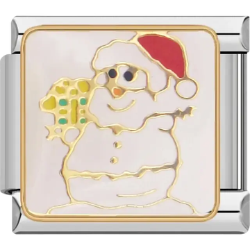 Snowman with red hat holding a gift Italian charm bracelet link