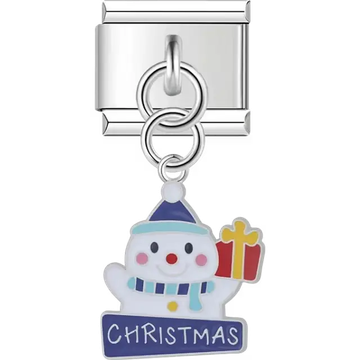 Snowman with blue hat striped scarf red gift and blue sign spelling “Christmas” on dangle Italian charm bracelet link