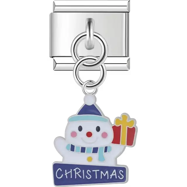Snowman with blue hat striped scarf red gift and blue sign spelling “Christmas” on dangle Italian charm bracelet link