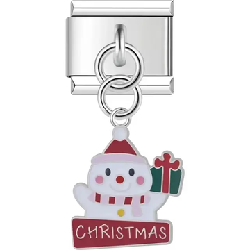 Smiling snowman with red Santa hat green gift and red banner spelling “Christmas” on dangle Italian charm bracelet link