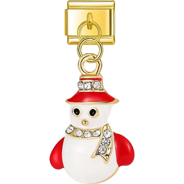 White snowman with red hat red arms and crystal accents in a dangle design Italian charm bracelet link