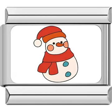 Snowman wearing a red Santa hat and matching scarf, with blue buttons and rosy cheeks Italian charm bracelet link