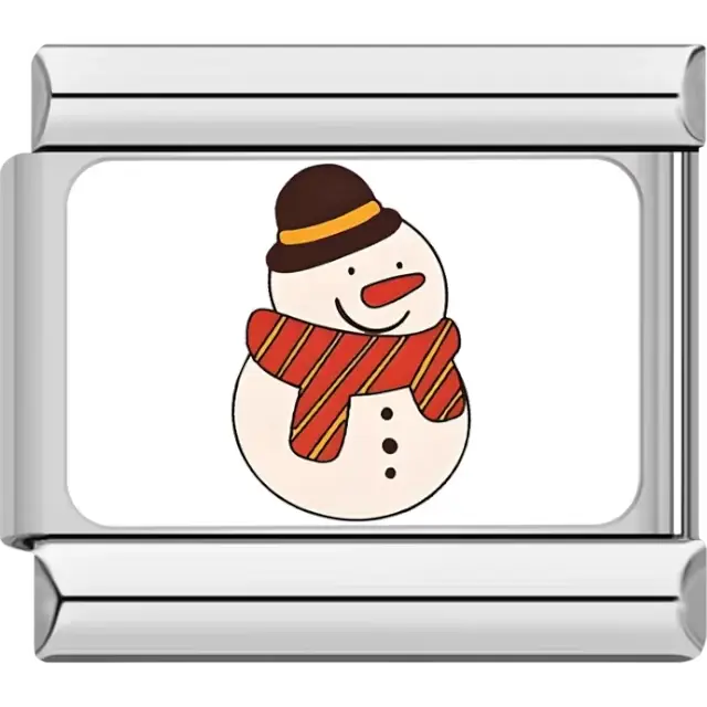 Snowman wearing a brown hat with a yellow stripe and a red and orange striped scarf Italian charm bracelet link