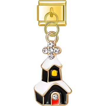 Black and white church with gold accents red door and crystal details in a dangle design Italian charm bracelet link
