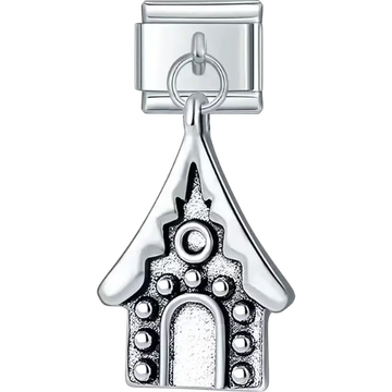 Silver house with snow-covered roof and textured details Italian charm bracelet link