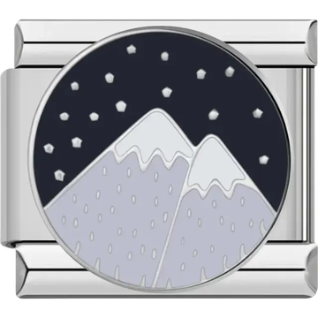 Round charm with snowy mountain peaks and night sky Italian charm bracelet link