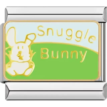 Bunny with "Snuggle Bunny" text on a green and blue background Italian charm bracelet link
