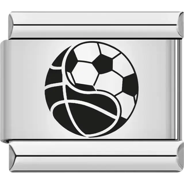 Black soccer ball merging with basketball Italian charm bracelet link