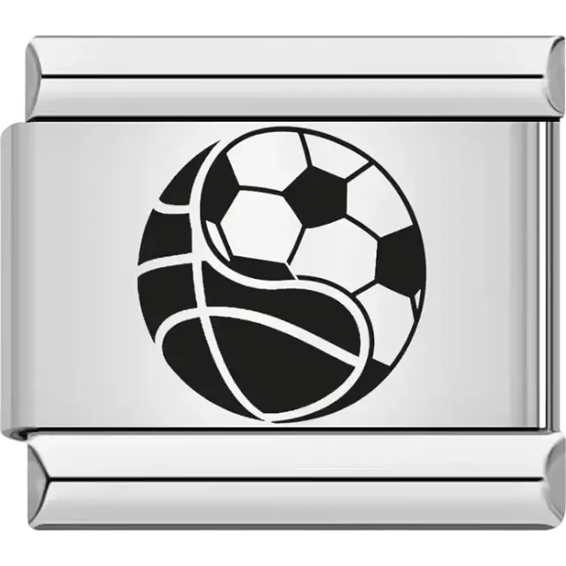 Black soccer ball merging with basketball Italian charm bracelet link
