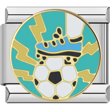 Blue cleat kicking a soccer ball with gold lightning accents on a teal background Italian charm bracelet link