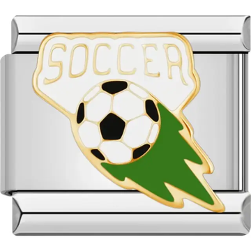 Black and white soccer ball with green trail and gold "SOCCER" text Italian charm bracelet link
