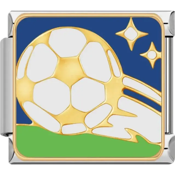 Golden soccer ball with shooting stars on blue and green Italian charm bracelet link