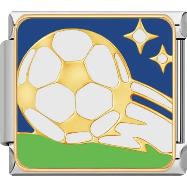 Golden soccer ball with shooting stars on blue and green Italian charm bracelet link