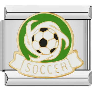 Black and white soccer ball with green background and gold "Soccer" text Italian charm bracelet link