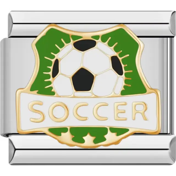 Black and white soccer ball with green and gold crest and gold "SOCCER" text Italian charm bracelet link