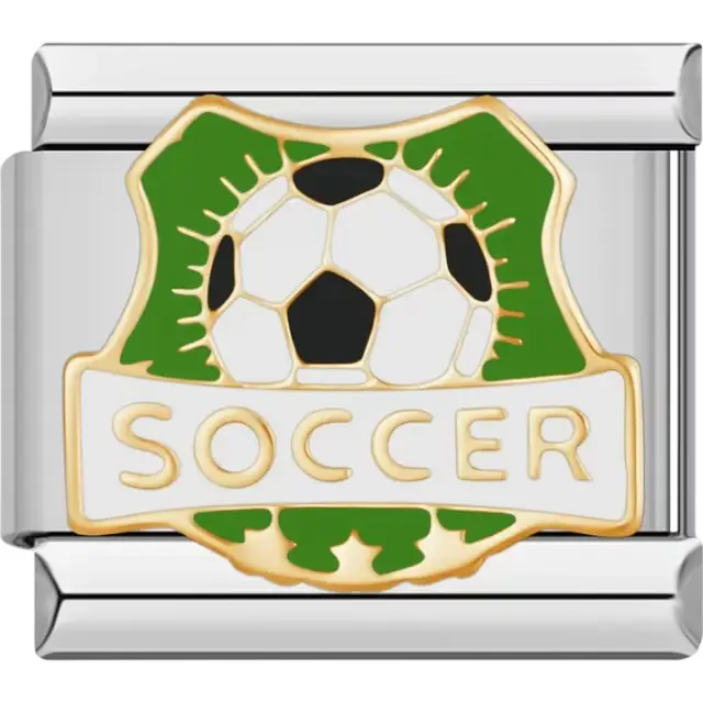 Black and white soccer ball with green and gold crest and gold "SOCCER" text Italian charm bracelet link