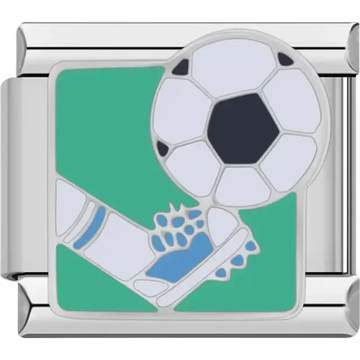 Blue cleat kicking a soccer ball on a green background Italian charm bracelet link