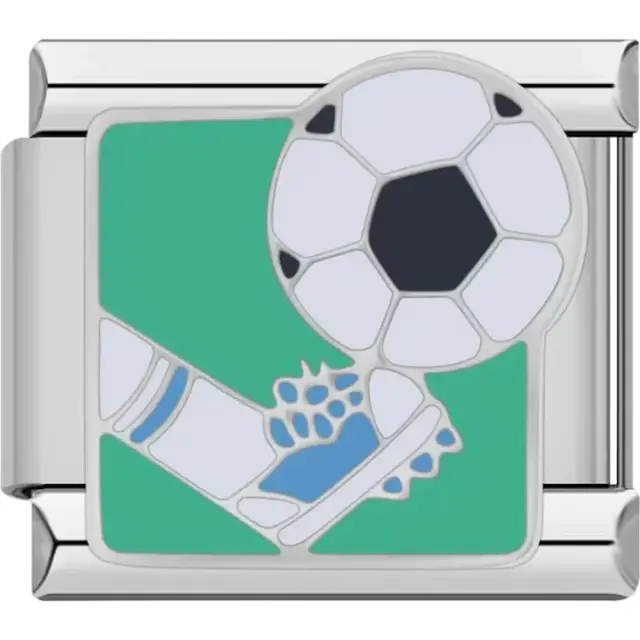 Blue cleat kicking a soccer ball on a green background Italian charm bracelet link