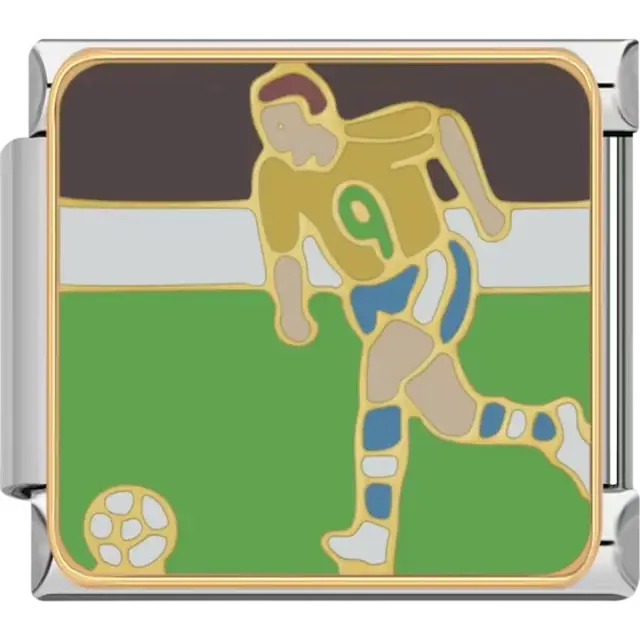 Yellow jersey soccer player with green and blue details kicking a soccer ball on a green field Italian charm bracelet link