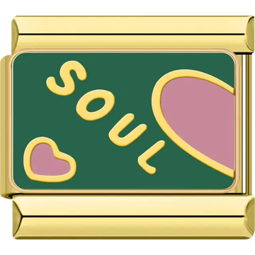 Green background with gold "SOUL" text and pink hearts Italian charm bracelet link
