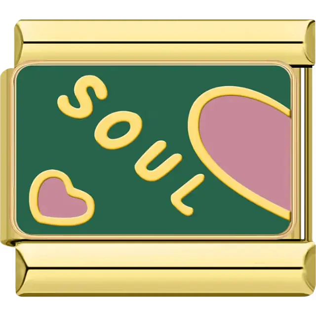 Green background with gold "SOUL" text and pink hearts Italian charm bracelet link