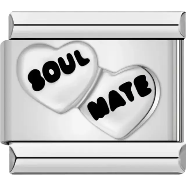 Two hearts with “SOUL” and “MATE” text in bold black Italian charm bracelet link